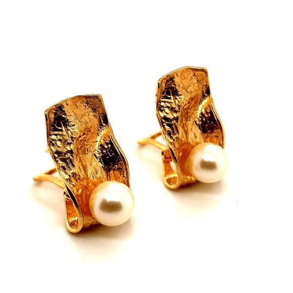 Gold Filled Pearl Omega Back Leaf Earrings - Picture 3 of 5
